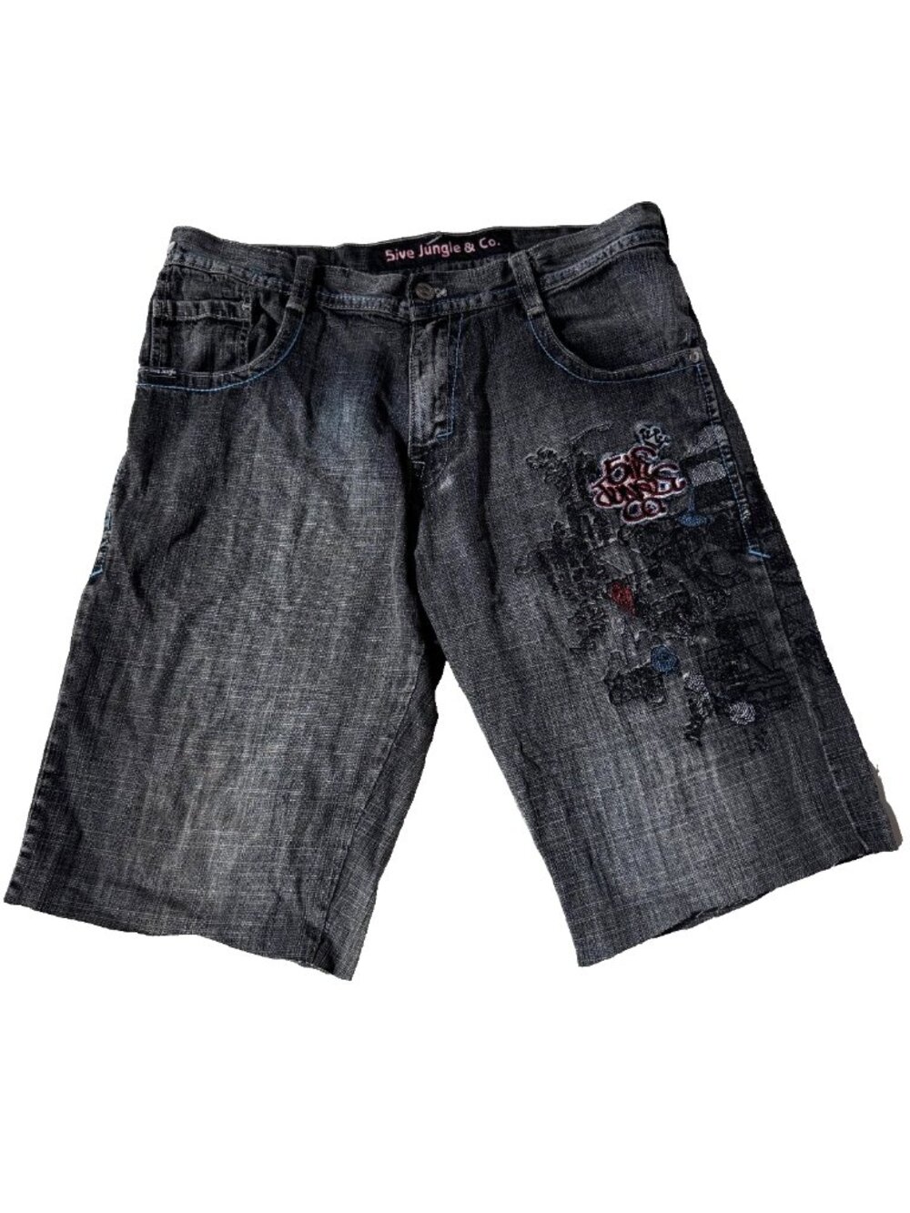 5ive Jungle & Co Men 34 Cut Off Embroidered Jean Shorts Y2K Skater Hip Hop Jorts